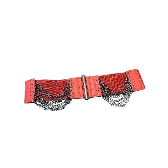 Dark Red Elastic Stretch Waist Belt Black Chain Detail Clasp Waist Cincher NEW - Picture 1 of 4